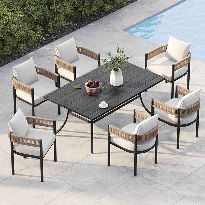 Grand patio Outdoor Dining Set, 7-Piece Patio Table and Chairs Set, Metal Woven Wicker Fixed Patio Chairs with Thickened Cushions & 1 Rectangular Woodgrain Dining Table with Umbrella Hole (Natural) GrandPatio