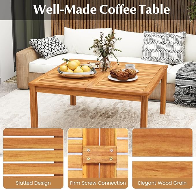 Tangkula Patio Wood Coffee Table, Solid Acacia Wood 35.5 Inches Side Table with Slatted Tabletop, Outdoor Square Table for Backyard, Porch, Balcony TANGKULA