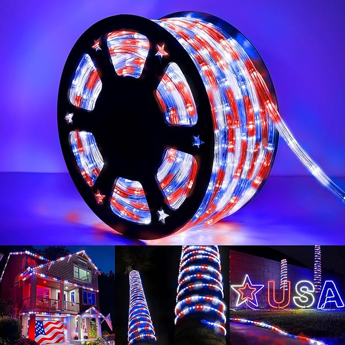 100ft LED Rope Lights Outdoor, 720 LED Connectable & Flexible Tube Lights with 8 Modes, Waterproof LED Rope Lighting for Independence Flag Day, Memorial Day, Outdoor,Indoor Decor (Red & White & Blue) Jnaurb