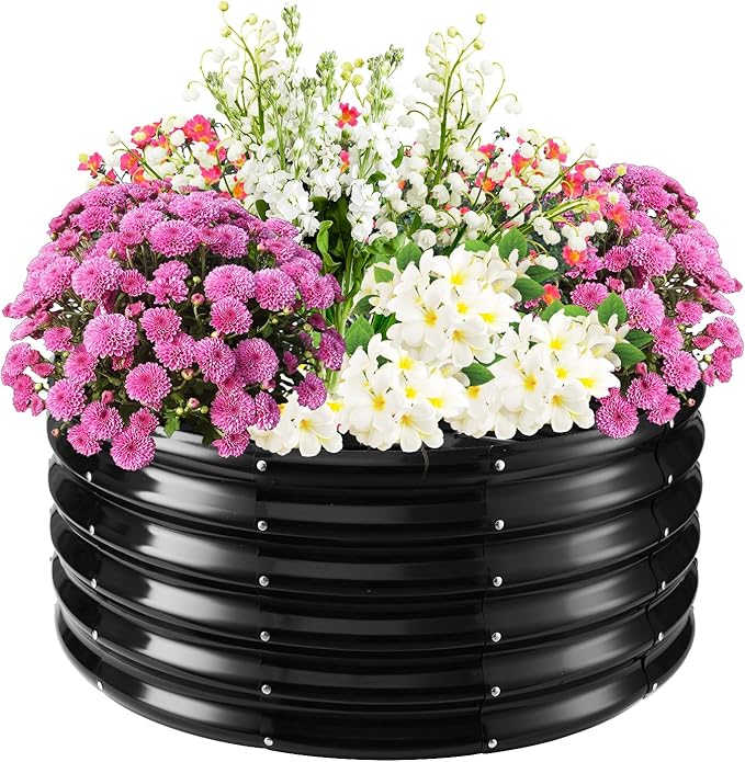 17" Tall Elevated Round Metal Rised Garden Bed- 2.7'x2.7' in Size and 0.8MM Thick Durable Planter Box for Vegetables Flowers Succulent at Patio/Garden Outdoor (Black, 2.7FT Diameter) TBMLC