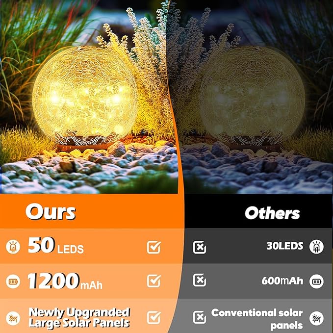 Coroor Garden Solar Ball Lights Outdoor Waterproof, 50 LED Cracked Glass Globe Solar Power Ground Lights for Path Yard Patio Lawn, Christmas Decoration Landscape Warm White(2 Pack 4.7'') Coroor