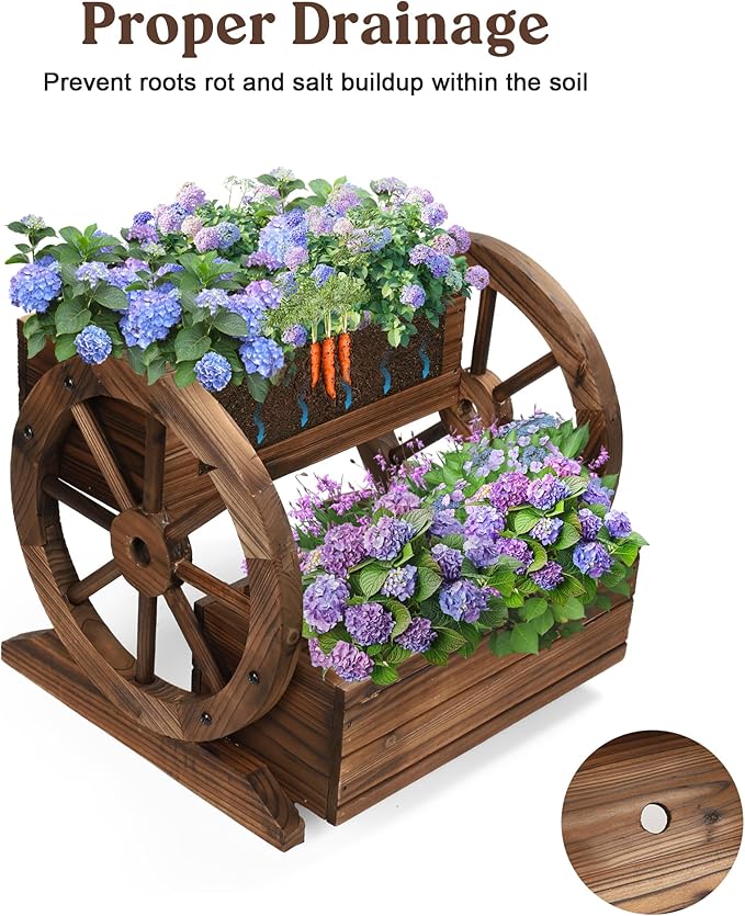 Wooden Wagon Planter Box, Garden Planter with Wheels,Decorative Planter for Flowers Herbs Vegetables for Indoor & Outdoor Décor, Flower Cart for Patio Garden Balcony OIPRTGFJ