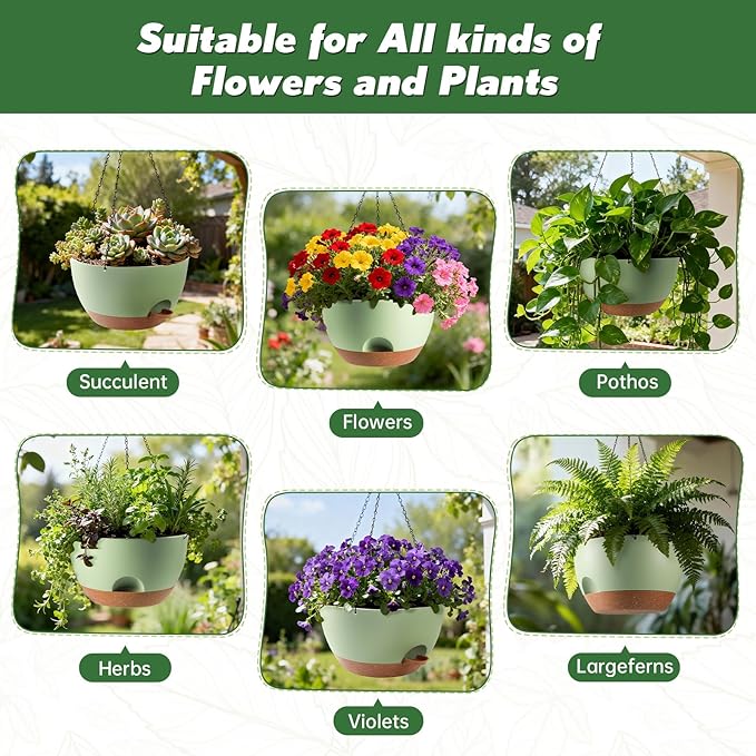 3-Piece Set of 10-Inch Hanging Planters with Automatic Watering System and Drip Tray, Includes Metal Chain, Suitable for Various Indoor and Outdoor Plants and Flowers, Green Brown Rootora