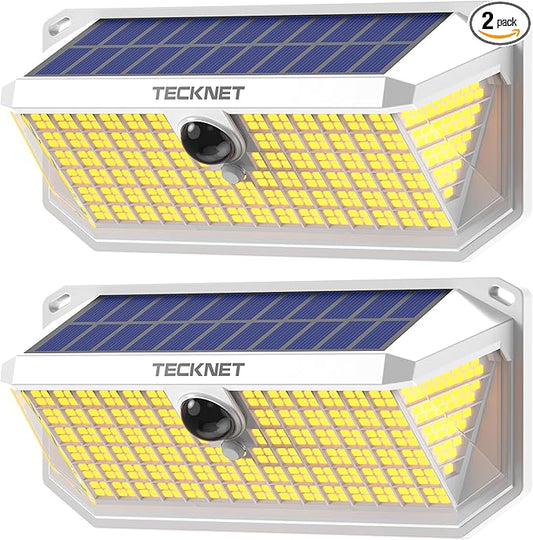 TECKNET 461 LED Solar Powered Outdoor Lights, 270° Angle & 3 Lighting Modes Motion Sensor Light Outdoor, Security Solar Lights Waterproof - 2 Pack, White Color & Warm Light Tecknet