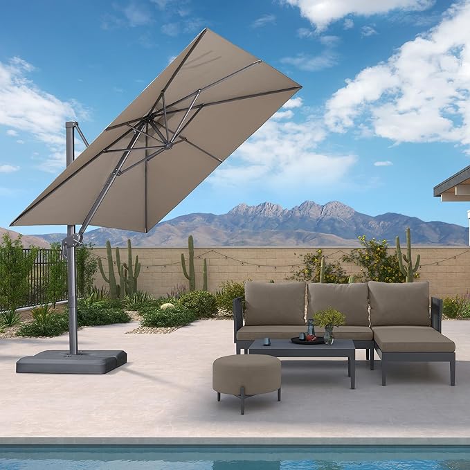 PURPLE LEAF Patio Umbrella 8' X 8' Rectangle Cantilever Umbrella Large Aluminum Outdoor Umbrellas with 360-degree Rotation & UPF40+ Premium Fabric for Deck Pool Garden Yard, Ash Mocha Rootora