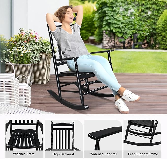 VINGLI Wooden Rocking Chair, Outdoor Chair with 450 lbs Support, Relaxing Rocker with Solid Wood High Back Seat Reclining Seat for Deck, Garden, Backyard, Porch, Indoor or Outdoor Use (Black, 1PC) VINGLI