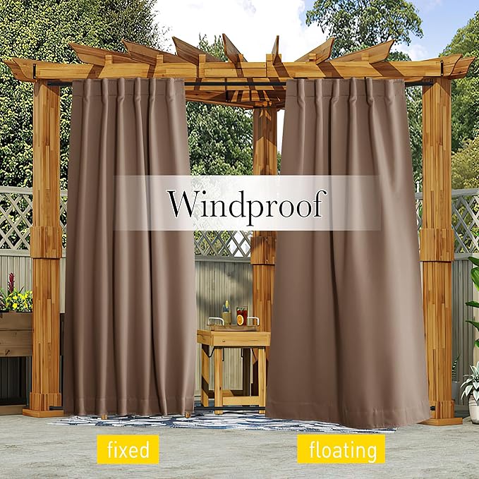 NICETOWN 2 Panels Outdoor Curtains for Patio Waterproof Top & Bottom Pocket & Back Tab, Blackout Outdoor Drapes with Rope for Fixed Windproof Keep Privacy & Warm for Porch, W52 x L95, Tan-Khaki NICETOWN