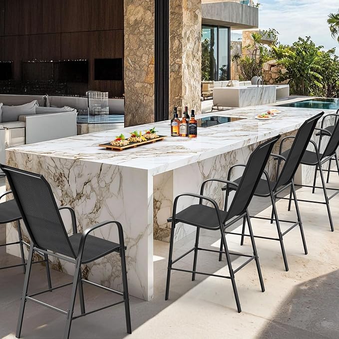 VINGLI Outdoor Bar Chairs Set of 6 – Stackable Outdoor Bar Stools with Sturdy Sling High Back and Armrests for Lawn, Courtyard, Garden, Bar, Black VINGLI