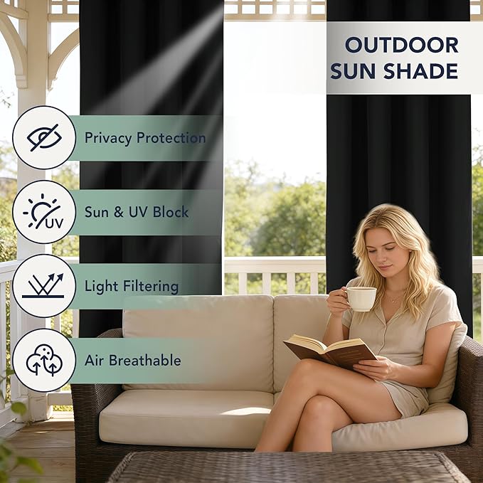 Black Outdoor Curtains for Patio Waterproof - 6 Panels Privacy Weatherproof Outside Curtains with Grommets for Pergola, Gazebo, Porch, Cabana, Balcony, 54 x 95 Inch RichSets