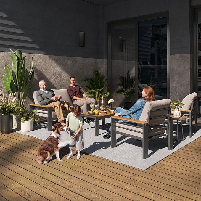 Aoxun Aluminum Outdoor Patio Furniture Set, 5 Seats Outdoor Sectional with Coffee Table, Patio Conversation Sets with Upgraded Armrests and Cushions for Backyard, Garden and Poolside（Grey） Aoxun