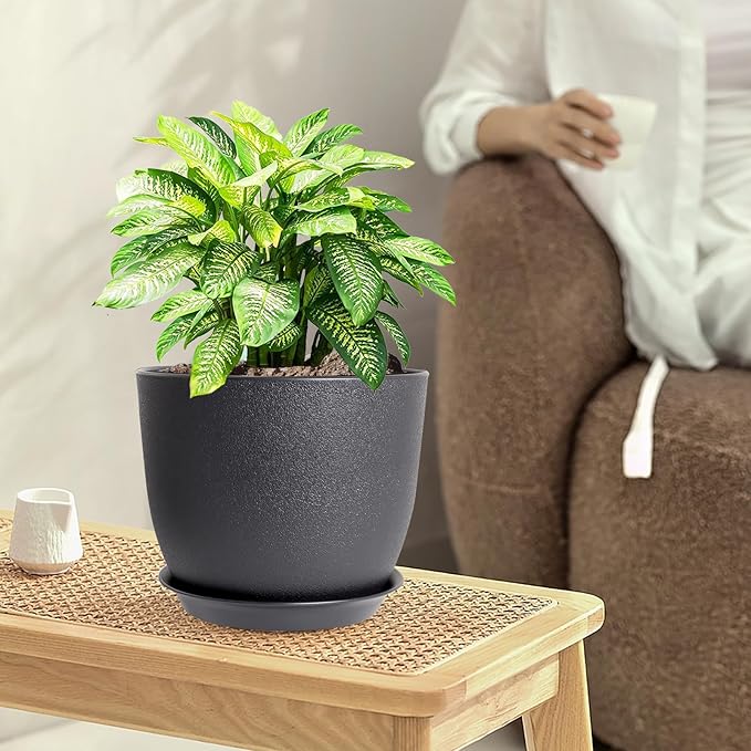 12/10/9 inch Big Flower Pots, 3 Pack Modern Decorative Plastic Planters with Drainage Holes and Tray, Plant Pots for Indoor Outdoor Plants, Black WSMKSZ