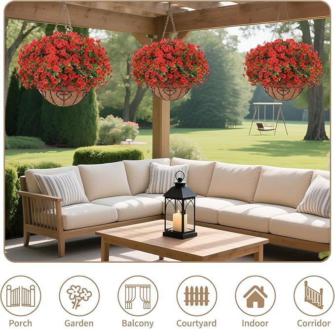 Artificial Hanging Flower for Outdoors, Fake Hanging Basket for Outside,1 Hanging Basket with 13 Pcs Faux Silk Flowers for Porch, Balcony and Patio Decor(Red) LetuoClipsClipsandHooks
