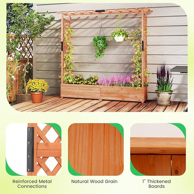 Giantex Set of 2 Raised Garden Bed with Trellis & Hanging Roof, Wood Planter Box with Bottom and Drainage Holes, Freestanding Garden Planter for Flower Vegetable Fruit Herb Climbing Vines, 77"x17"x72" Giantex