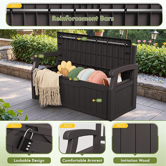 Greesum 80 Gallon Storage Bench Outdoor Deck Box with Armrest, Patio Furniture,Lockable, Waterproof and UV Resistant, Suitable for Garden, Pool, Brown BuynowfromGreesum