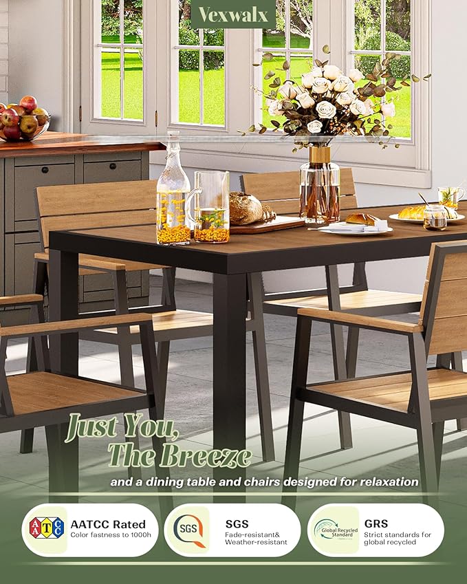 67" HDPS Outdoor Patio Dining Table, Aluminum-Edged Outdoor Dining Table with Umbrella Hole, Weather-Resistant for Lawn, Garden, Poolside and Indoor Use, Gray&Teak Vexwalx