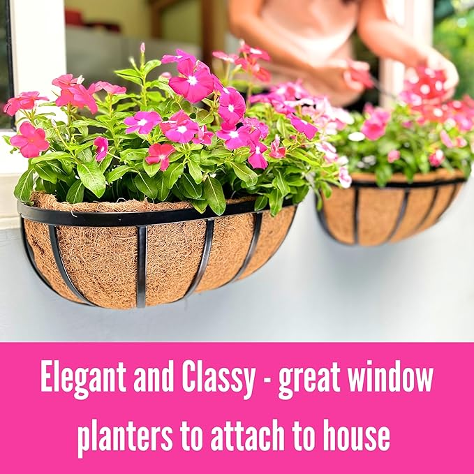 LaLaGreen Wall Planters - 16 Inch, 2 Pack Deck Railing Planter Boxes for Outdoor Plants, Window Flower Box with Coco Liners Metal Horse Troughs Fence Balcony Garden Herb Pot Patio Porch Over Rail L%C3%A1L%C3%A1Green