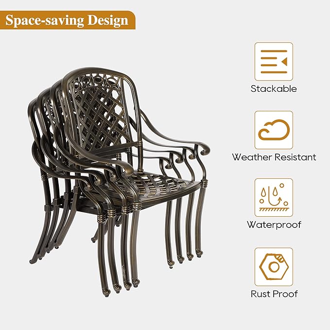 5-Piece Cast Aluminum Outdoor Patio Dining Set, All Weather Cast Aluminum Outdoor Furniture Dining Set for Patio, Balcony, Lawn, Garden, Backyard w/4 Chairs and Cushions, 2.0" Umbrella Hole Sumshadow