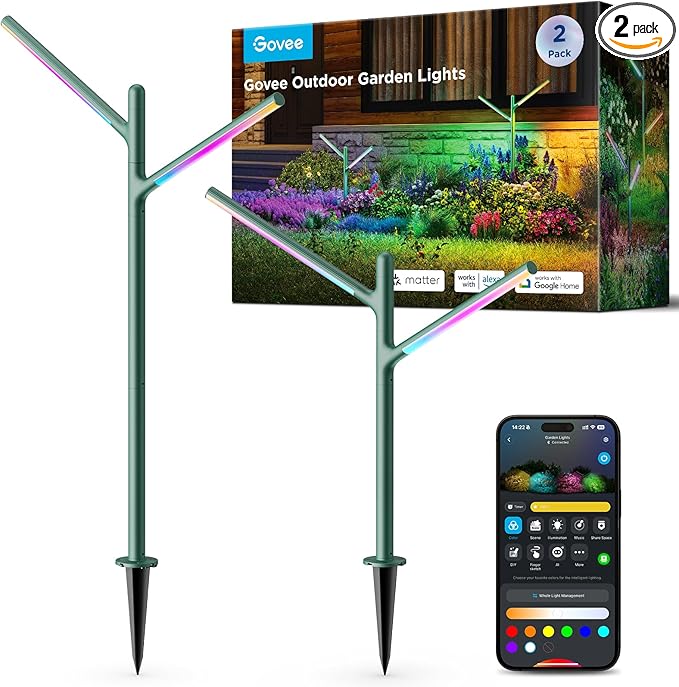 Govee Outdoor Garden Lights 2 Pack, RGBWWIC Smart LED Pathway Lights for Landscape Lighting, 16 Million Colors and 64 Scenes, IP66 Waterproof for Outdoor Patio, Compatible with Alexa, Matter Govee