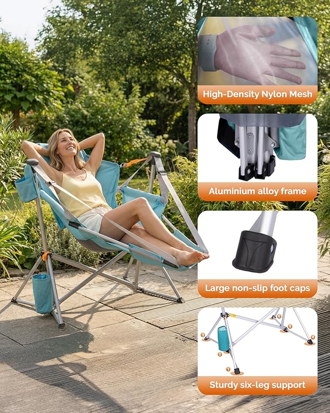 KingCamp Hammock Chair with Footrest – Heavy Duty Swinging Rocking Camping Chairs for Adults up to 400lbs, Folding Portable Oversized Rocker with Cup Holder & Pillow for Outdoor Beach Lawn RV Sports KingCamp