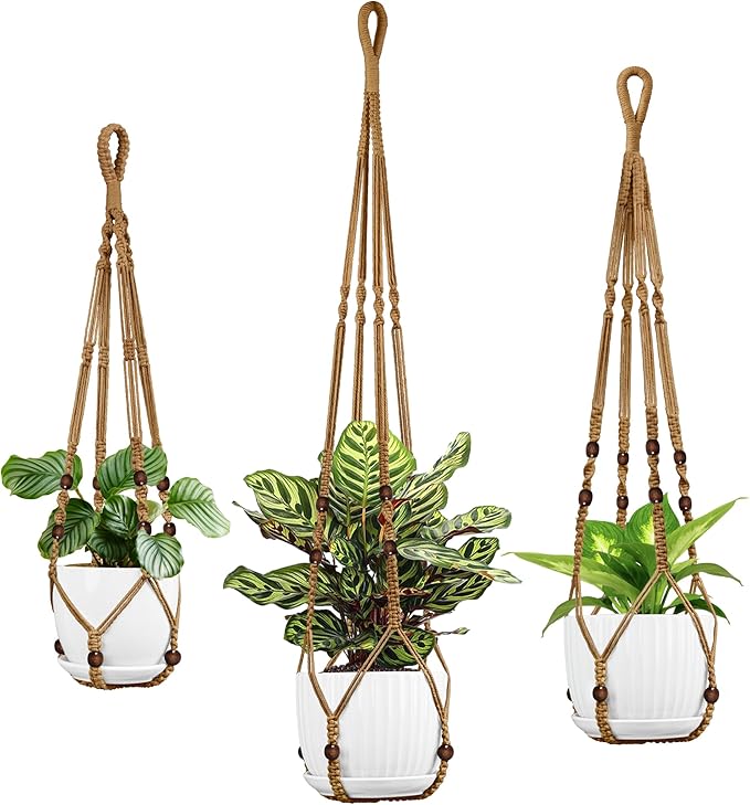 Macrame Plant Hanger - Fits 4 to 15 inches Pots for Indoor Outdoor, 43"/35"/29" Different Sizes Set, Brown (POTS NOT Included) IDEEEPAN