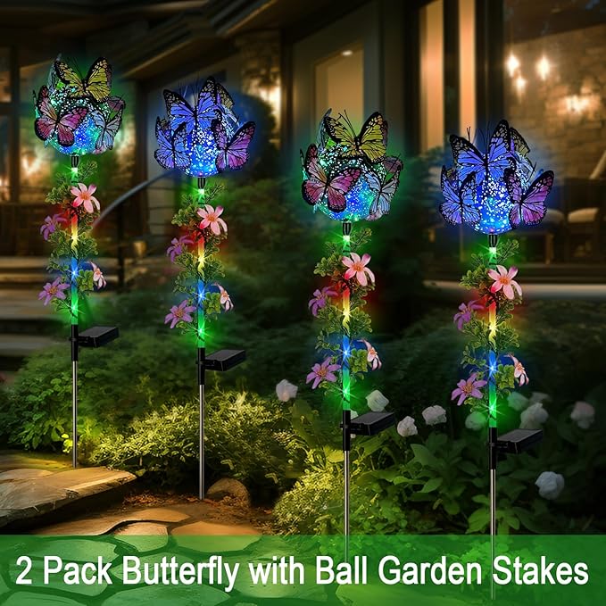Solar Lights Outdoor Pathway,2 Pack Butterfly with Ball Garden Stakes,Colorful Twinkle Fairy Lights Decorations Outdoor for Yard,Lawn,Spring HokfirmHomeDecorGarden