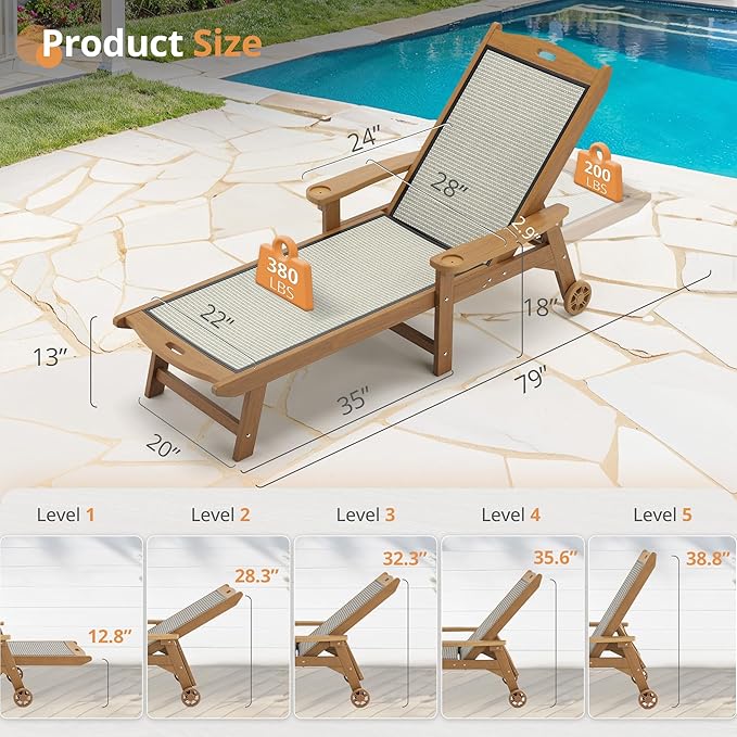 LUE BONA Chaise Lounge Chair Outdoor Set of 2, HDPS and HDPE Wicker Material, Patio Lounge Chair with Adjustable Backrest, Resin Pool Lounge Chairs with Wheels for Backyard, Poolside and Deck LUEBONA