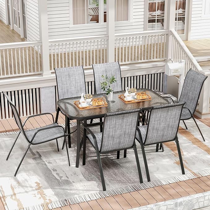 TLSUNNY 7 Pieces Patio Dining Set, Outdoor Table and Chairs W/1.69″ Umbrella Hole, 30"X 55" Table and Stackable Textilene Chair, All Weather Patio Furniture Set (Umbrella not Included) (Grey) TLSUNNY