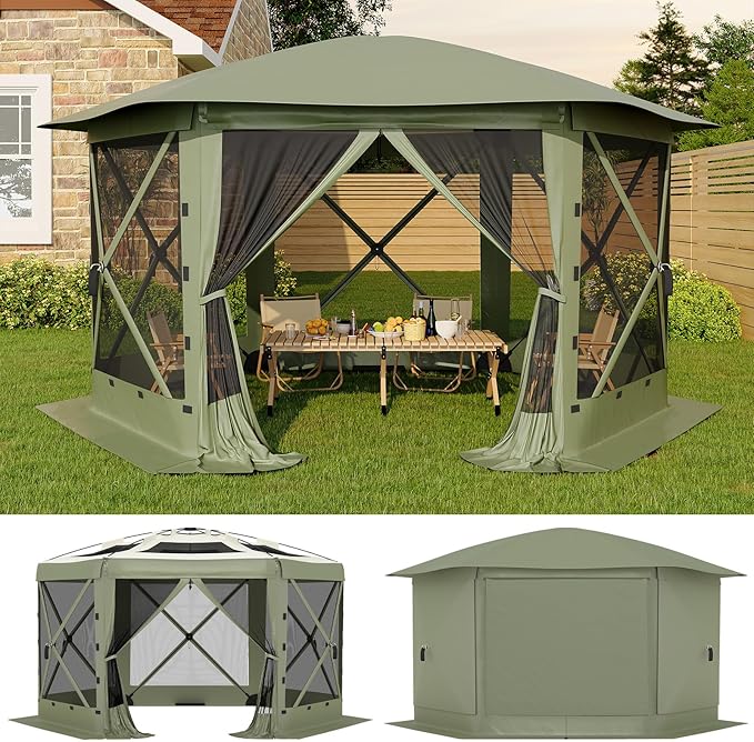 11.5x11.5FT 6-Sided Pop Up Gazebo Tent，One-Push Setup Canopy Tent with Mesh Panels & Removable Wind Cloths, Outdoor shelter for Camping, Backyard Parties, Outdoor Events - Army Green GarveeLife