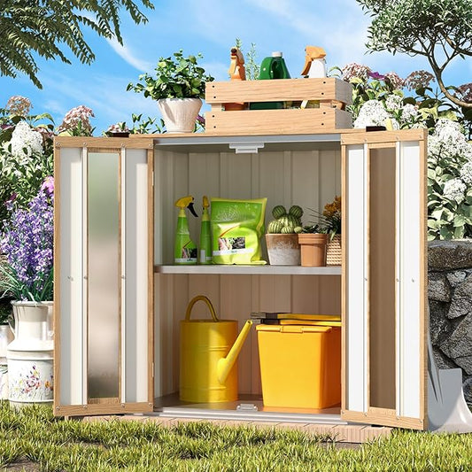 AECOJOY Outdoor Storage Cabinet Waterproof with Shelves, Small Vertical Garden Storage Sheds, Garden Sheds & Outdoor Storage Cabinet Weatherproof for Patio Wood Grain AECOJOY