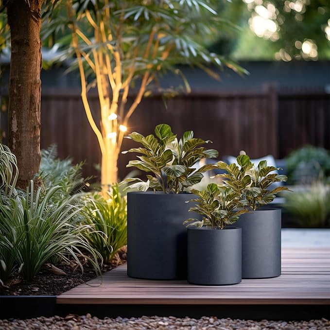 Kante 9.8",12.6",15.7" Dia Round Concrete Planter Set of 3, Modern Style Large Cylindrical Plant Pot with Drainage Hole and Rubber Plug for Indoor Outdoor Patio, Dark Gray Kante