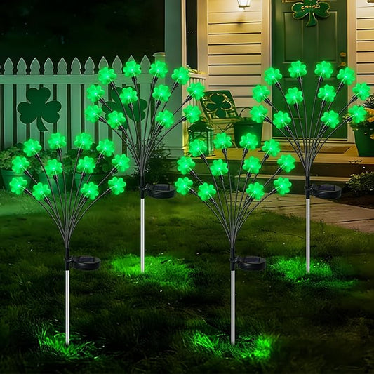 HELESIN St Patricks Day Decorations, 4 Pack St Patricks Day Outdoor Solar Lights with 2 Modes, Waterproof Shamrock Lucky Green Solar Stake Tree Lights for Yard Pathway Lawn Decorations HELESIN