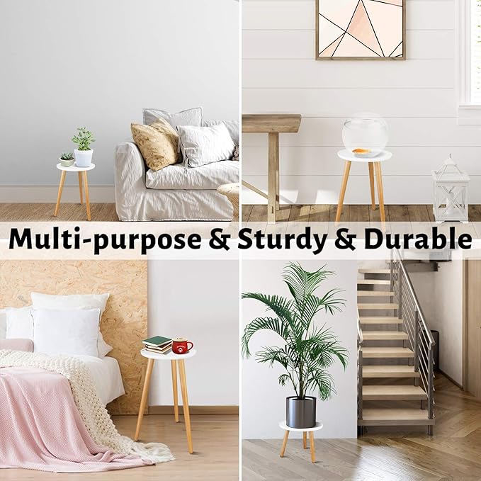 Uneedem Wood Mid Century Plant Stand for Indoor Plants, Modern Table, Tall Holder for Flower Pots, Small Round Side/End Table(A2 White, High: 16.5") Uneedem