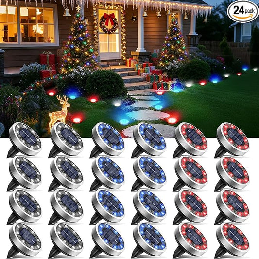 btfarm 24 Pack Solar Lights Outdoor, 8 LED Solar Ground Lights IP65 Waterproof Flat Solar Disc Light, Pathway Lights for Garden Lawn Yard Christmas Decorations, Red+Blue+Cool White btfarmdecorativelighting