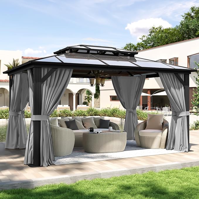 Aoxun 10'x14' Hardtop Gazebo, Aluminum Frame Permanent Pavilion with Curtains and Netting, Outdoor Polycarbonate Double Roof Canopy, Gray Aoxun