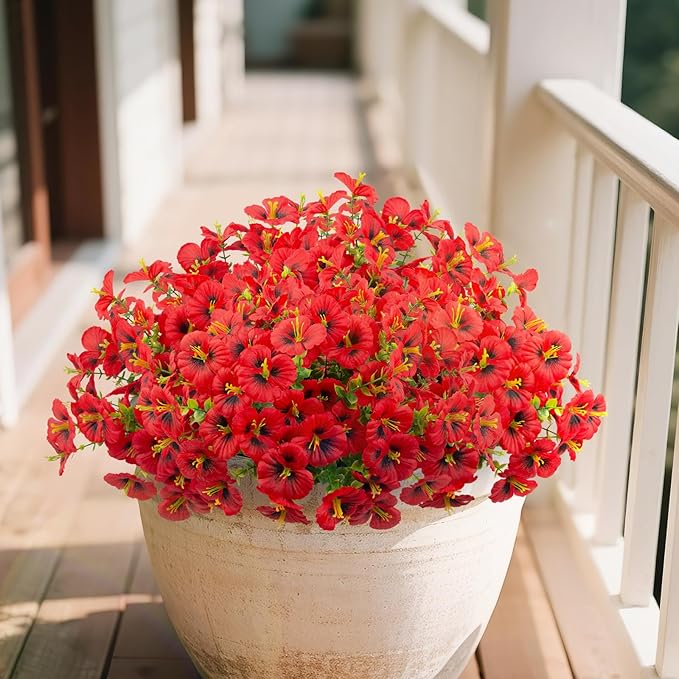 12 Bundles Artificial Pansy Flowers for Outdoor, Faux Silk Pansies Spring Flowers Outside for Planter Front Door Porch Patio Yard Window Box Home Decor (Red) Griine