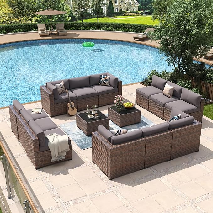 Aoxun 14 Piece Patio Furniture Set Wicker Rattan Patio Conversation Set Outdoor Sectional Sofa Set with Coffee Table and Thickened Cushions, Gray(Waterproof Cover Included) Aoxun