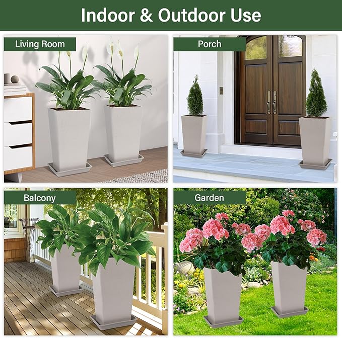 Set of 2 Tall Planter, 21 inch Large Plastic Planter with Drain Hole & Saucers, Large Outdoor Planters for Porch, Garden, Patio, Balcony(Light Gray) Neoaider