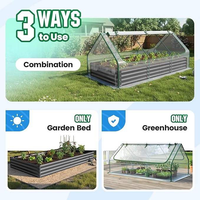 Quictent Raised Garden Bed Galvanized Raised Beds for Gardening Vegetables with Cover 8x4x1 ft Metal Planter Box Outdoor Use (Clear) QUICTENT