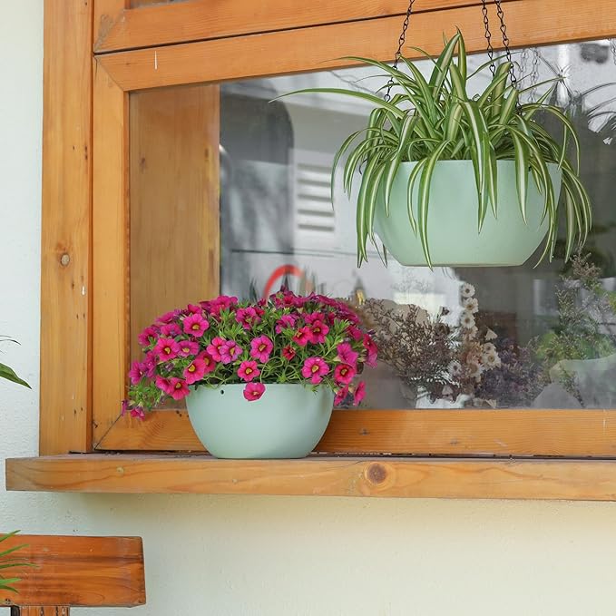 T4U 8 Inch Hanging Planter for Indoor Plants, 2 Pack Small Pots with Drainage Holes, Flower Basket Plant Holder for Home, Green T4U