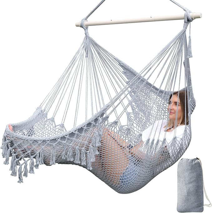 Chihee Hammock Chair Super Large Soft-Spun Cotton Rope Weaving Hanging Chair, Collapsible Strong Metal Spreader Bar Wide Seat Lace Stretch Swing Chairs Indoor Outdoor Garden Yard Theme Decoration Chihee