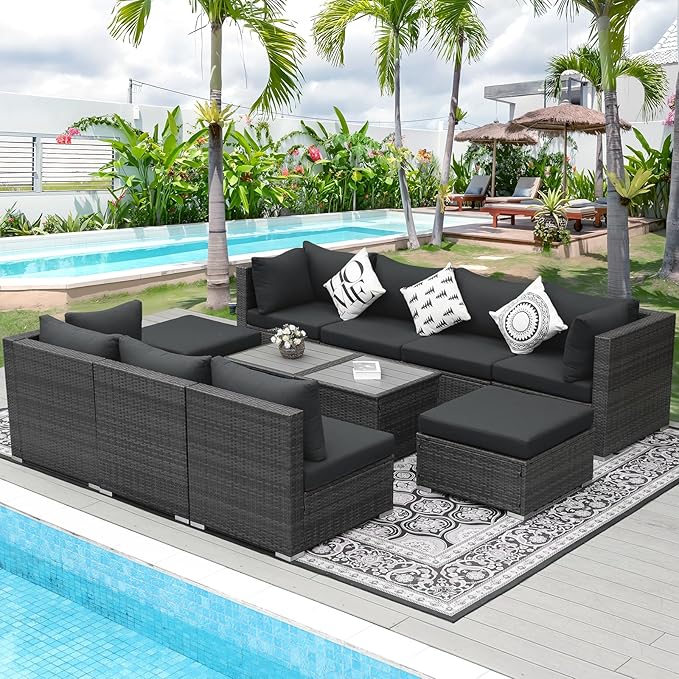 NICESOUL 11 Piece Modern Outdoor Furniture Sofa Set, Extra Large Size Wicker Patio Modular Sectionals, 29.3'' High Back All-Weather Conversations, Deep Wide Seats Sofa Couches for Backyard Deck, Grey NICESOUL