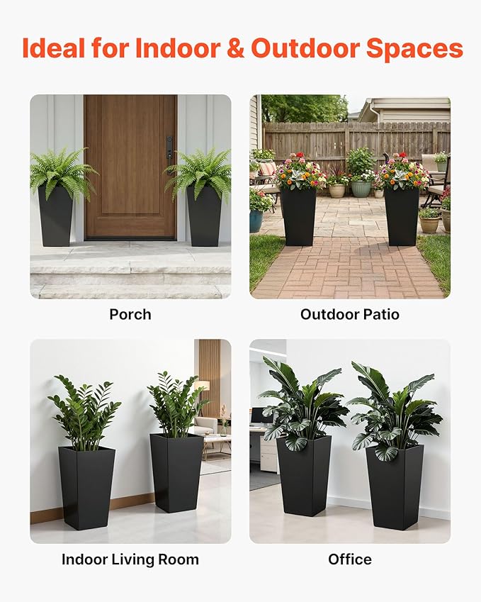 VEVOR Set of 2 Tall Planters for Outdoor Plants 22 inch, Black Tall Planter for Indoor Plants, Modern Planters for Front Porch Patio Balcony, Plant Container Flower Pots with Built-in Drainage VEVOR