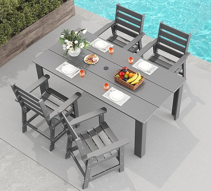 GREENVINES 5-Piece Patio-Dining-Set | HDPE Plastic | Outdoor Table and Chairs Sets for 4 | Patio Furniture | All Weather | Umbrella Hole | for Backyard Poolside Garden | Grey GreenVines