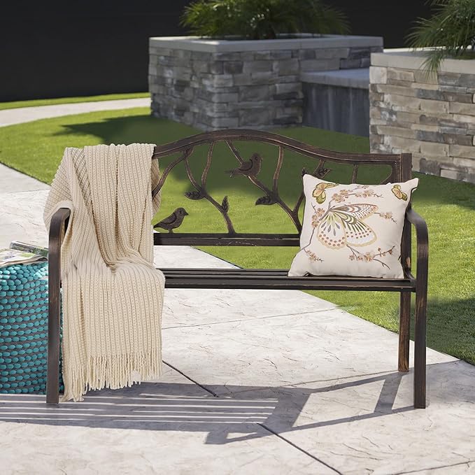 Sophia & William Outdoor Bench, Porch Bench, Garden Bench, Wrought Iron Bench with Backrest and Armrests, Bronze SophiaWilliam