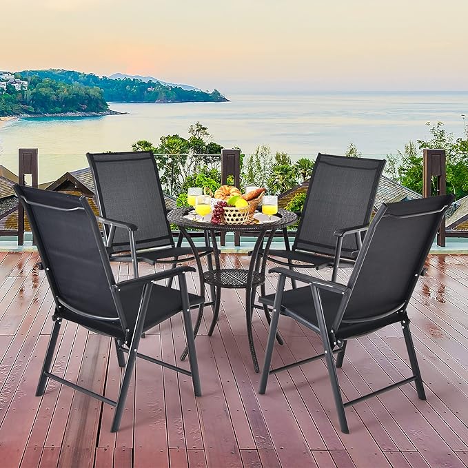 Giantex Set of 4 Patio Folding Chairs, Outdoor Chairs with Armrest, Portable Dining Chairs for Porch Camping Pool Beach Deck Lawn Garden, 4-Pack Patio Chairs, Metal Frame, Black Giantex