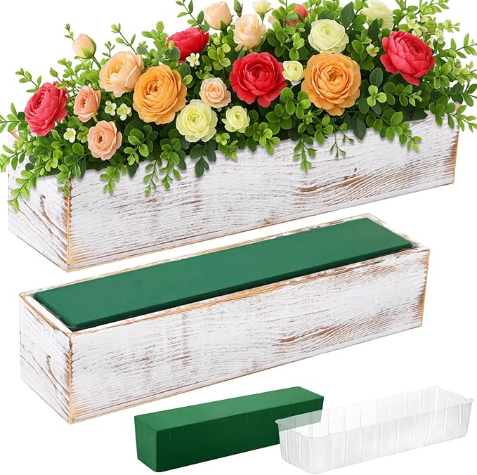 Dandat 2 Set Wood Boxes for Centerpieces 16x4 Inch Rectangle Wooden Planter Box Rustic Wooden Planters with Removable Plastic Liner Floral Foam Blocks for Christmas Wedding Home Garden Decor(White) Dandat