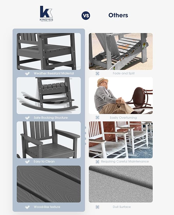 KINGYES Outdoor Rocking Chairs, HDPE All-Weather Patio Rocking Chairs High Back Porch Rocker for Adult, Gray KINGYES