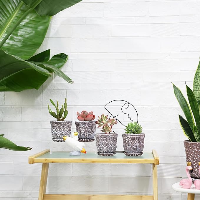 Gepege Succulent Pots, 4 Inch Small Indoor Ceramic Planter Pot with Drainage Holes and Saucers for Plants - Set of 4 Gepege