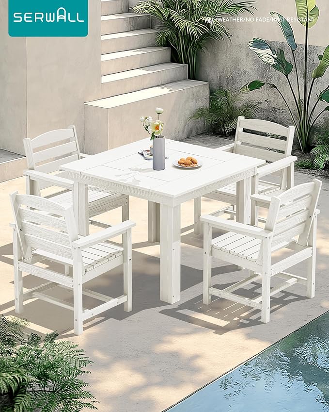 SERWALL Outdoor Dining Set for 4, HDPE Square Table and Chairs Set All Weather Patio Dining Set with 4 Classic Dining Chairs, 5-Piece Patio Dining Furniture for Deck, White SERWALL