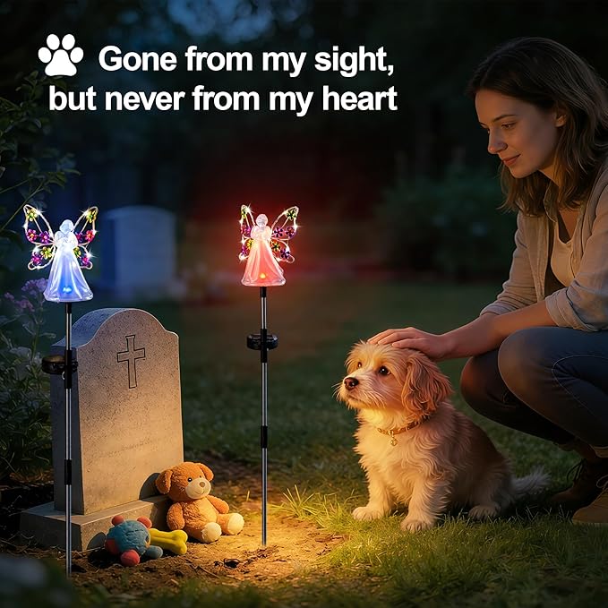 Angel Solar Lights for Cemetery Memorial Gift Grave Decorations Solar Angel Stake Lights Outdoor Waterproof Garden Decor Yard Lawn Ornaments, Angel Gifts for Women 2 Pack ELFENGARDEN